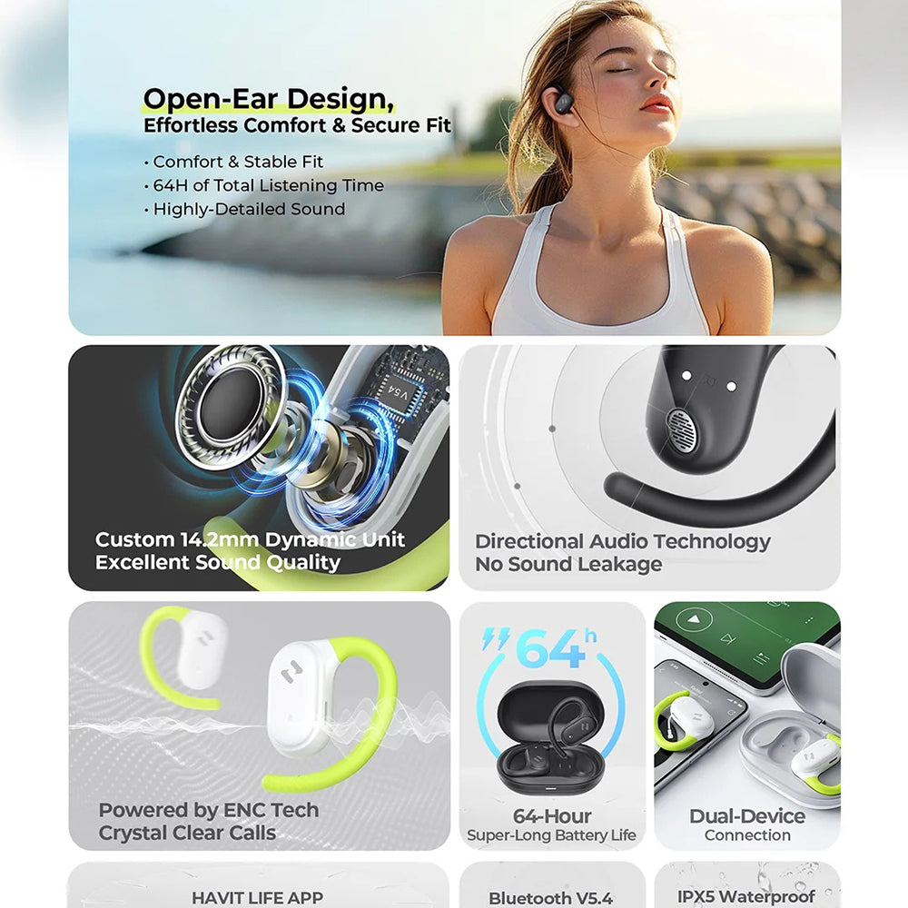 Casti Havit (OWS915), with Microphone, Bluetooth 5.4, TWS, ENC, IPX5, USB-C, 1000mAh, Havit Life App, Alb