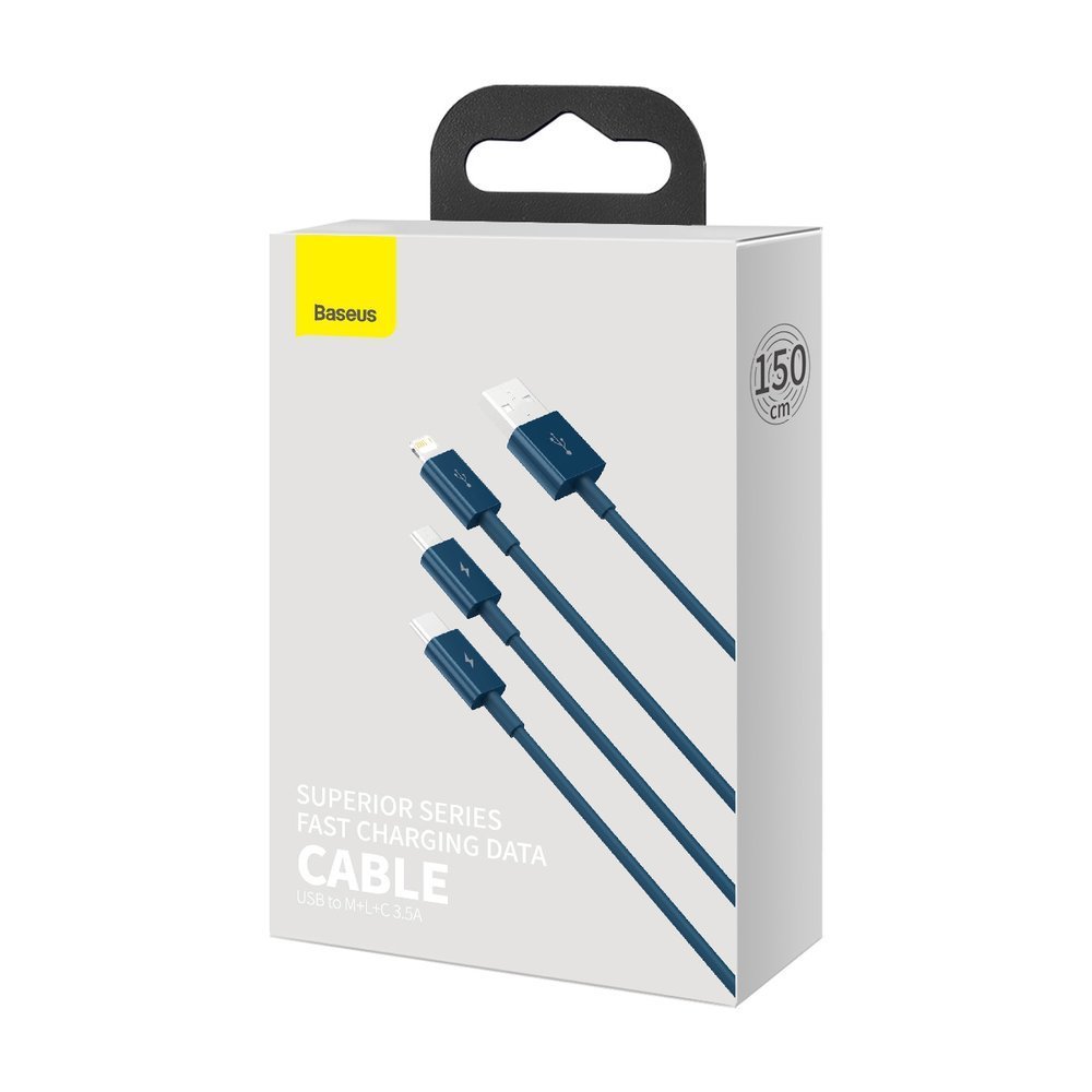 Cablu Baseus Superior Series (CAMLTYS-03), USB to Type-C, Micro-USB, Lightning, Fast Charging 3.5A, 1.5m, Albastru
