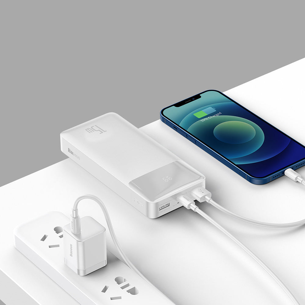 Baterie externa Baseus Bipow (PPBD050102), Digital Display 2xUSB QC3.0, USB-C 20000mAh 15W + Cable Micro-USB 0.25m, Alb