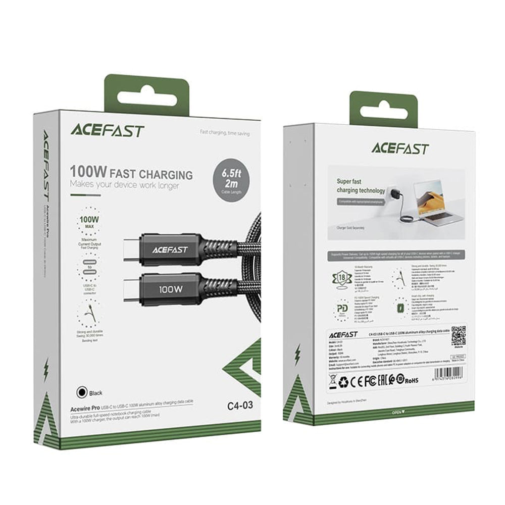 Cablu Acefast C4-03, Type-C to Type-C, 100W, 2m, Negru