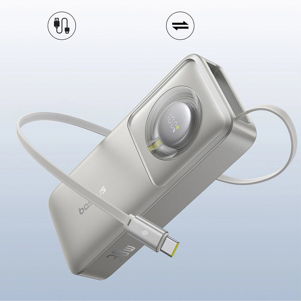Baterie externa Baseus Free2Pull (P10073701843-00), with Retractable USB-C Cable, Type-C, Display, 10000mAh, 30W, 0.7m, Gri