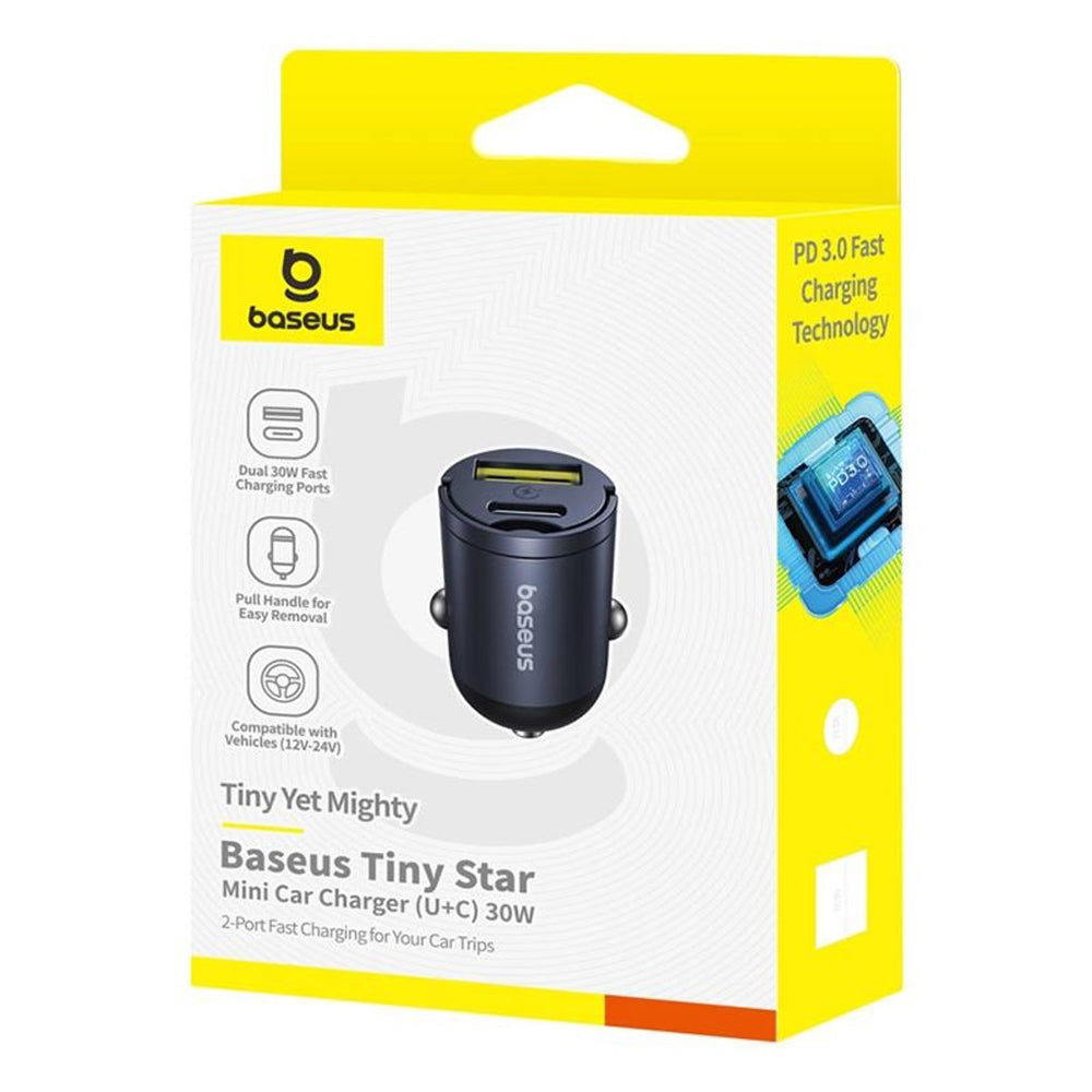 Incarcator Baseus Car Tiny Star Mini (C00035001121-02), USB, Type-C, 30W, with Built-in Pull Handle, 12V to 24V, Negru