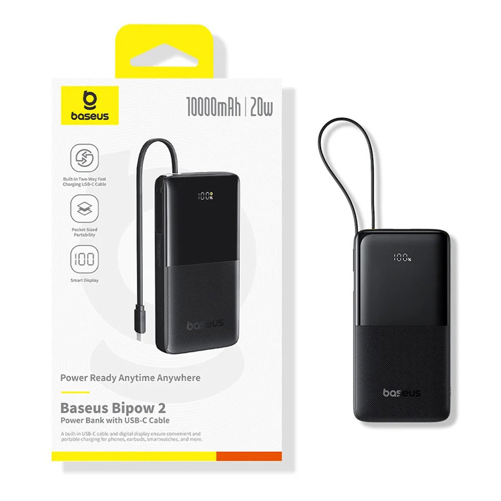 Baterie externa Baseus Bipow 2 (P10077101113-00), with Built-in USB-C Cable, Type-C, USB, Smart Display, 10000mAh, 20W, Negru