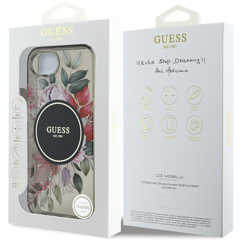 Husa de protectie Guess IML Flowers MagSafe (GUHMPSE4HFWBRCEK) compatibil cu iPhone 16e / iPhone 17e, Negru