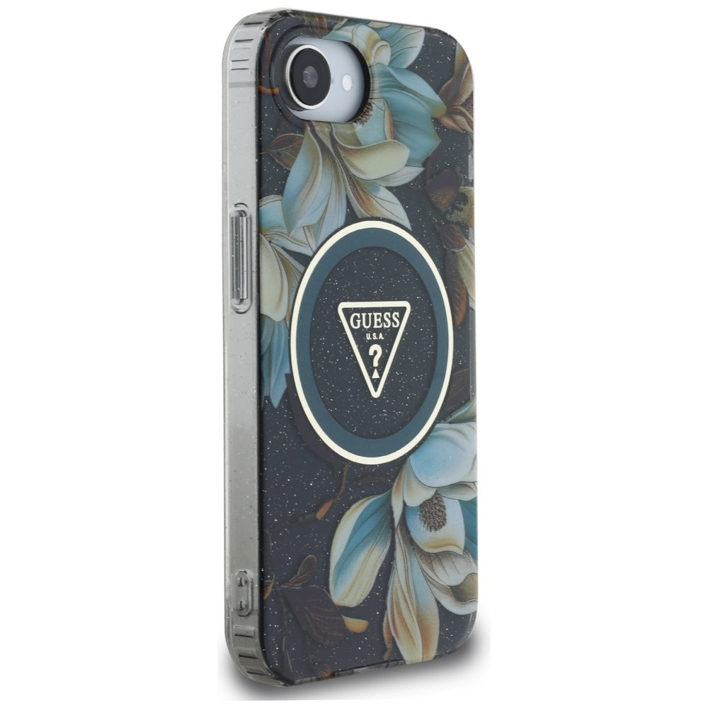 Husa de protectie Guess IML Metal Glitter Flowers Triangle MagSafe (GUHMPSE4HFLPEDK) compatibil cu iPhone 16e / iPhone 17e, Negru