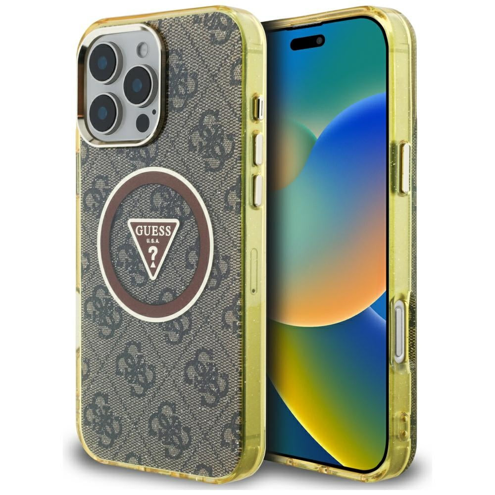 Husa de protectie Guess IML Metal Glitter 4G Circle Triangle MagSafe (GUHMP16XHG4PRTGW) compatibil cu iPhone 16 Pro Max, Maro