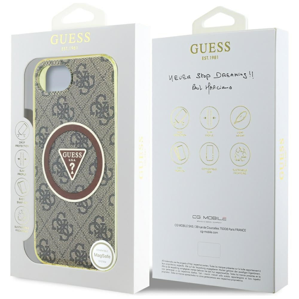 Husa de protectie Guess IML Metal Glitter 4G Circle Triangle MagSafe (GUHMPSE4HG4PRTGW) compatibil cu iPhone 16e / iPhone 17e, Maro