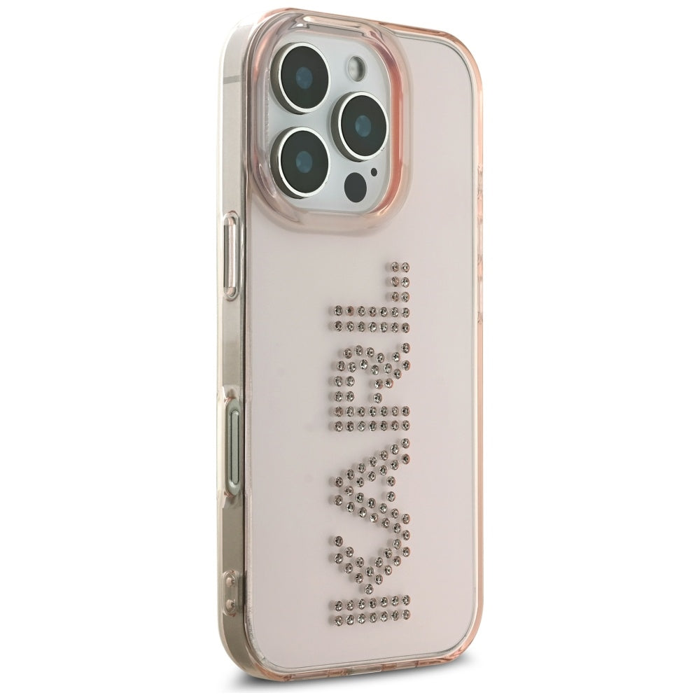 Husa de protectie Karl Lagerfeld IML Rhinestones (KLHCP16LHKLSTDCP) compatibil cu iPhone 16 Pro, Roz Logo