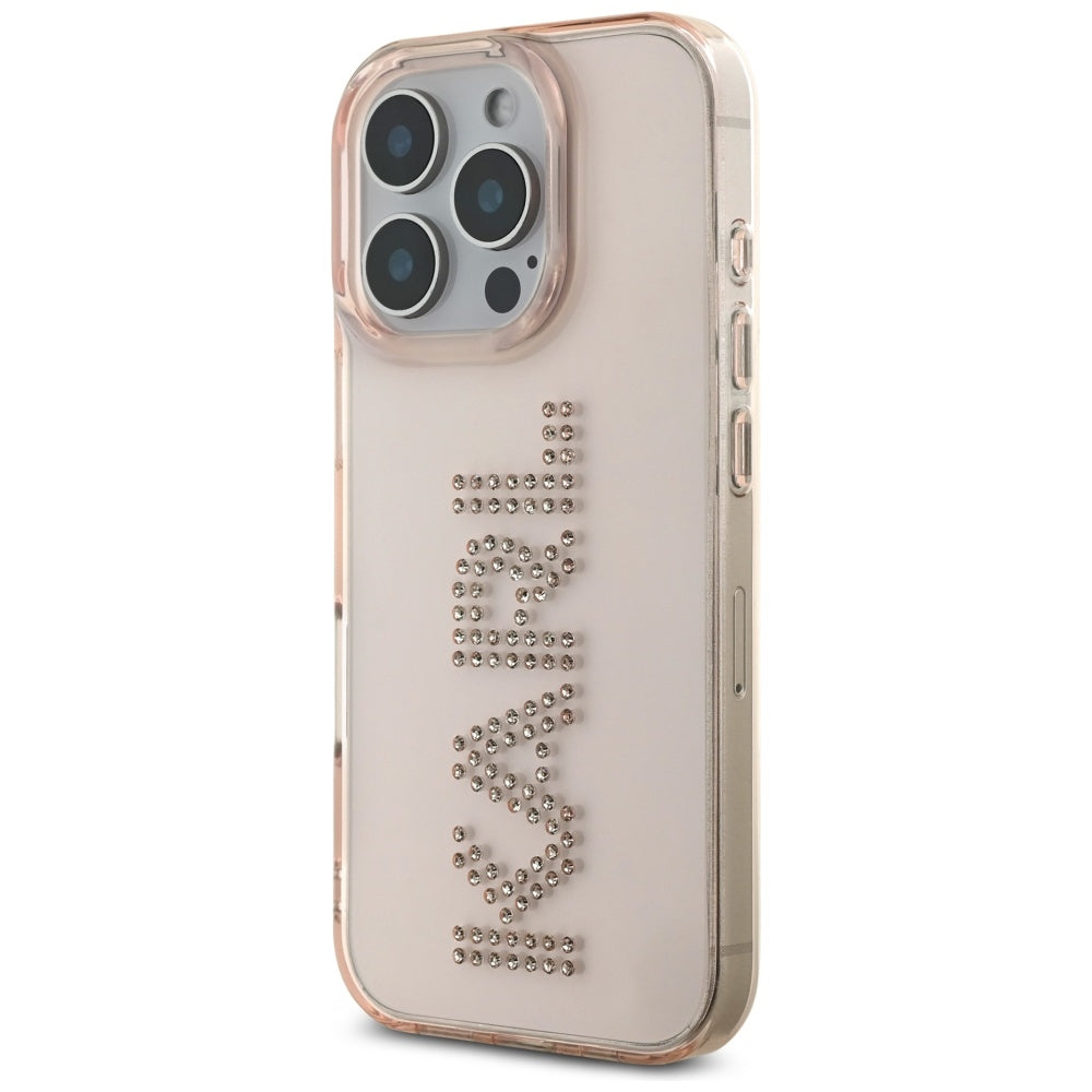 Husa de protectie Karl Lagerfeld IML Rhinestones (KLHCP16LHKLSTDCP) compatibil cu iPhone 16 Pro, Roz Logo