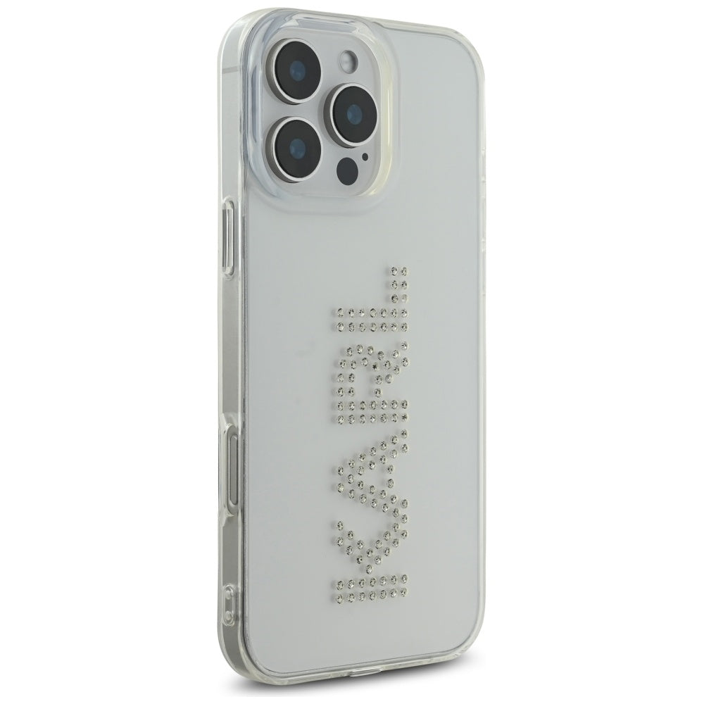 Husa de protectie Karl Lagerfeld IML Rhinestones (KLHCP16LHKLSTDCT) compatibil cu iPhone 16 Pro, Transparent Logo