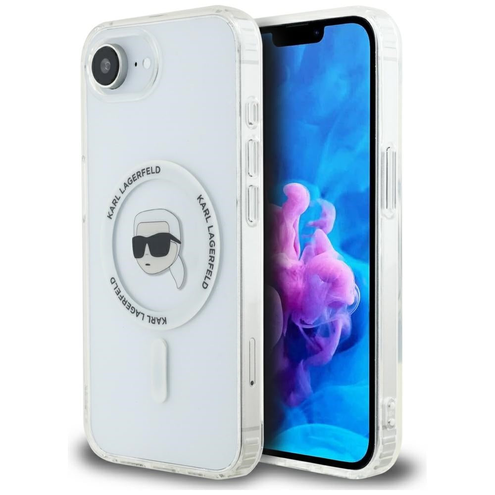 Husa de protectie Karl Lagerfeld IML MagSafe (KLHMPSE4HLSKIH) compatibil cu iPhone 16e / iPhone 17e - White Karl`s Head