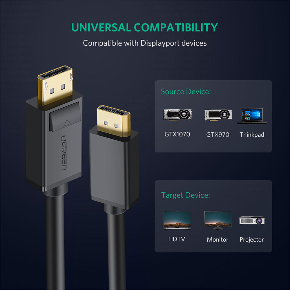 Adaptor Ugreen Video Cable DP102 (10211), DP to DP, Universal, for Laptop, TV, High Definition, 4K@60Hz, 1.2V, 2m, Negru