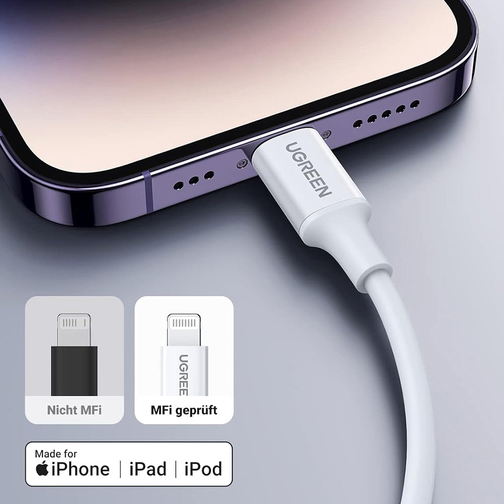 Cablu Ugreen US171 (10493), for iPhone, iPad, Fast Charge, USB-C to Lightning, 3A, 480Mbps, MFI Certified, 1m, Alb