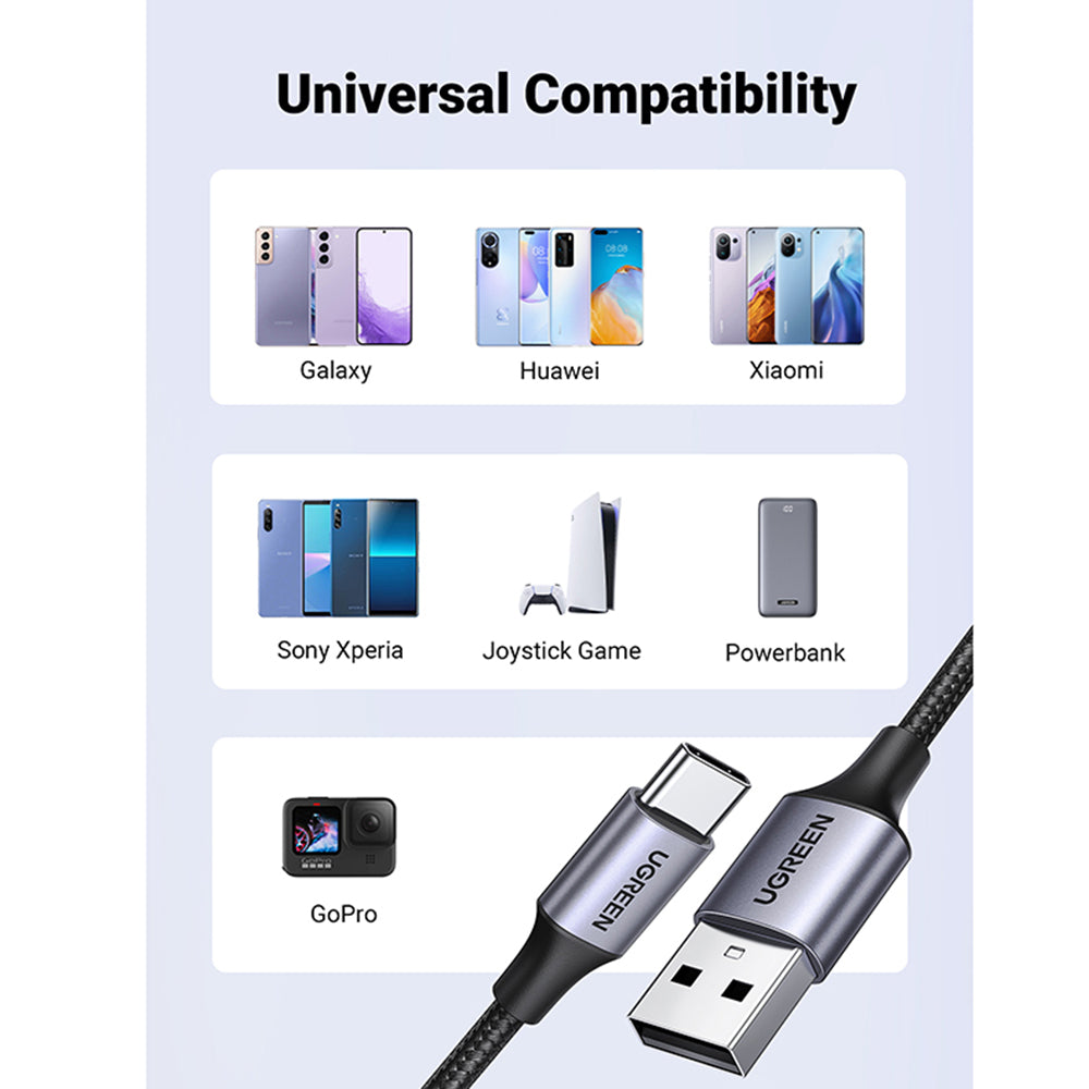 Cablu Ugreen US288 (60126), USB to Type-C, Fast Charging, 3A, 18W, 480Mbps, Nylon Braided, 1m, Gri Spatial