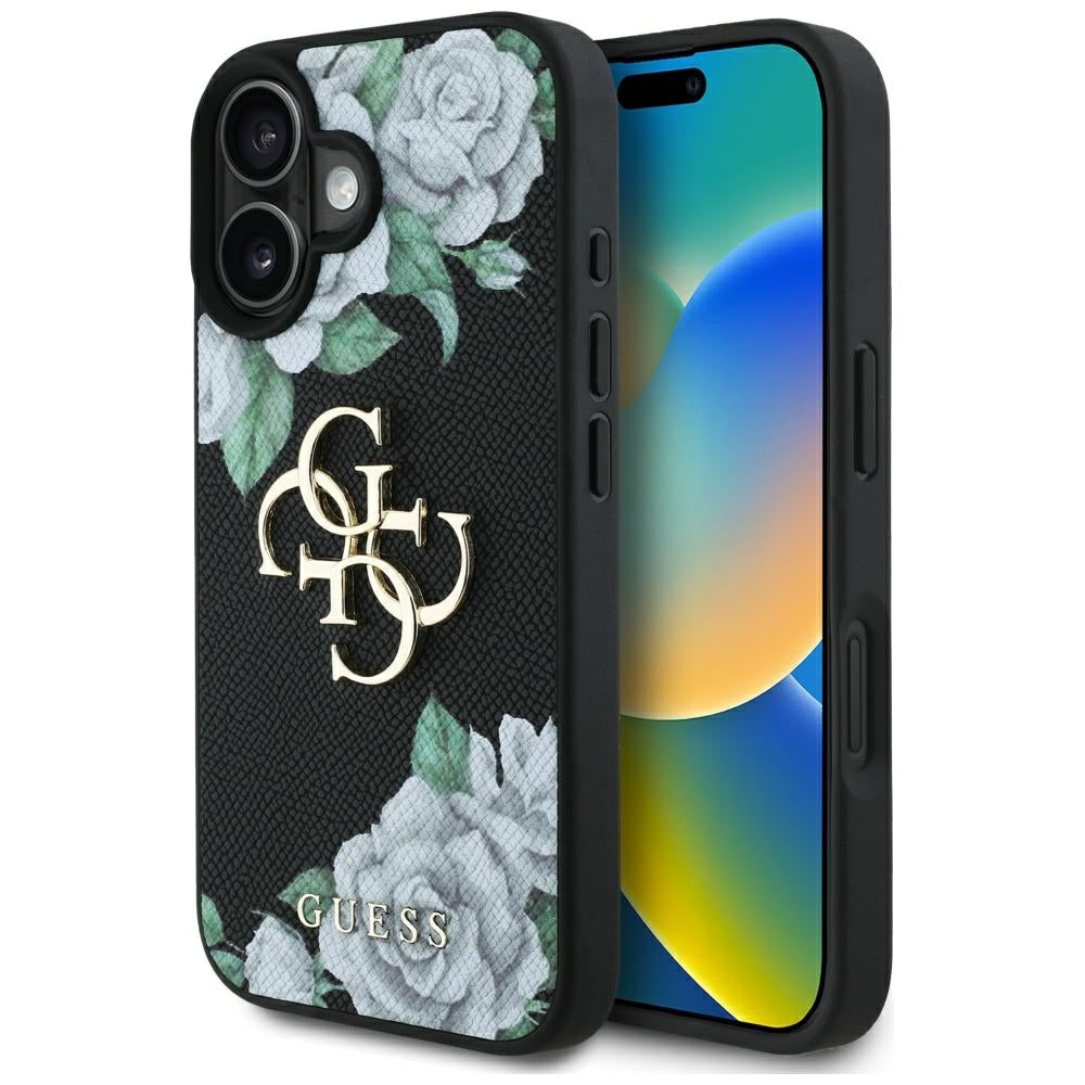 Husa de protectie Guess Hardcase 4G Grained Roses Big Logo (GUHCP16SPGROP4MK) compatibil cu iPhone 16, Negru