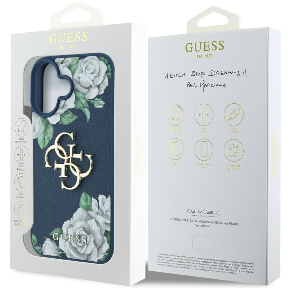 Husa de protectie Guess Hardcase 4G Grained Roses Big Logo (GUHCP16SPGROP4MB) compatibil cu iPhone 16, Albastru