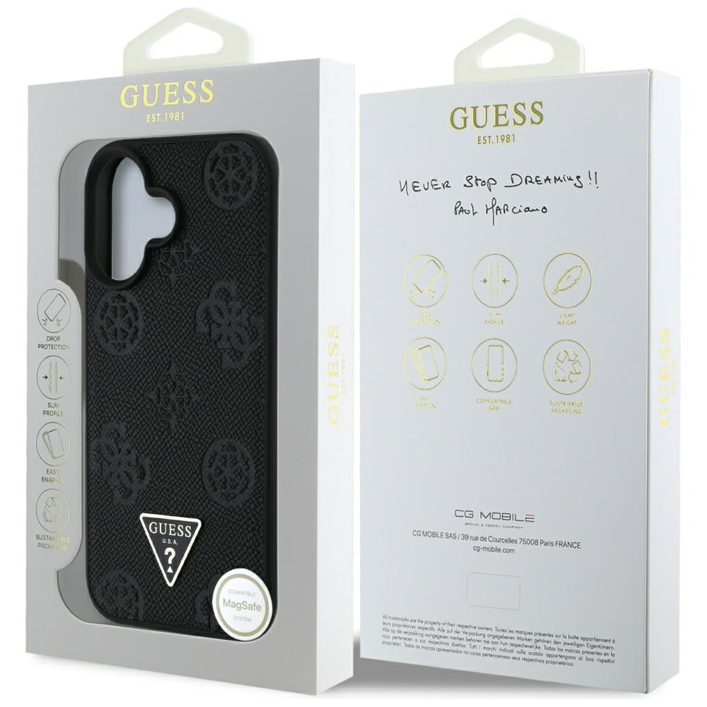 Husa de protectie Guess Peony Grained Hot Stamp Triangle MagSafe (GUHMP16SPGBTMK) compatibil cu iPhone 16, Negru