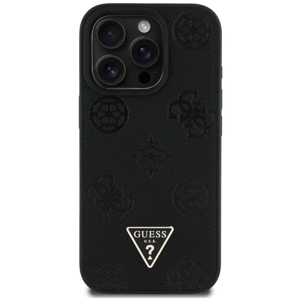 Husa de protectie Guess Peony Grained Hot Stamp Triangle MagSafe (GUHMP16LPGBTMK) compatibil cu iPhone 16 Pro, Negru