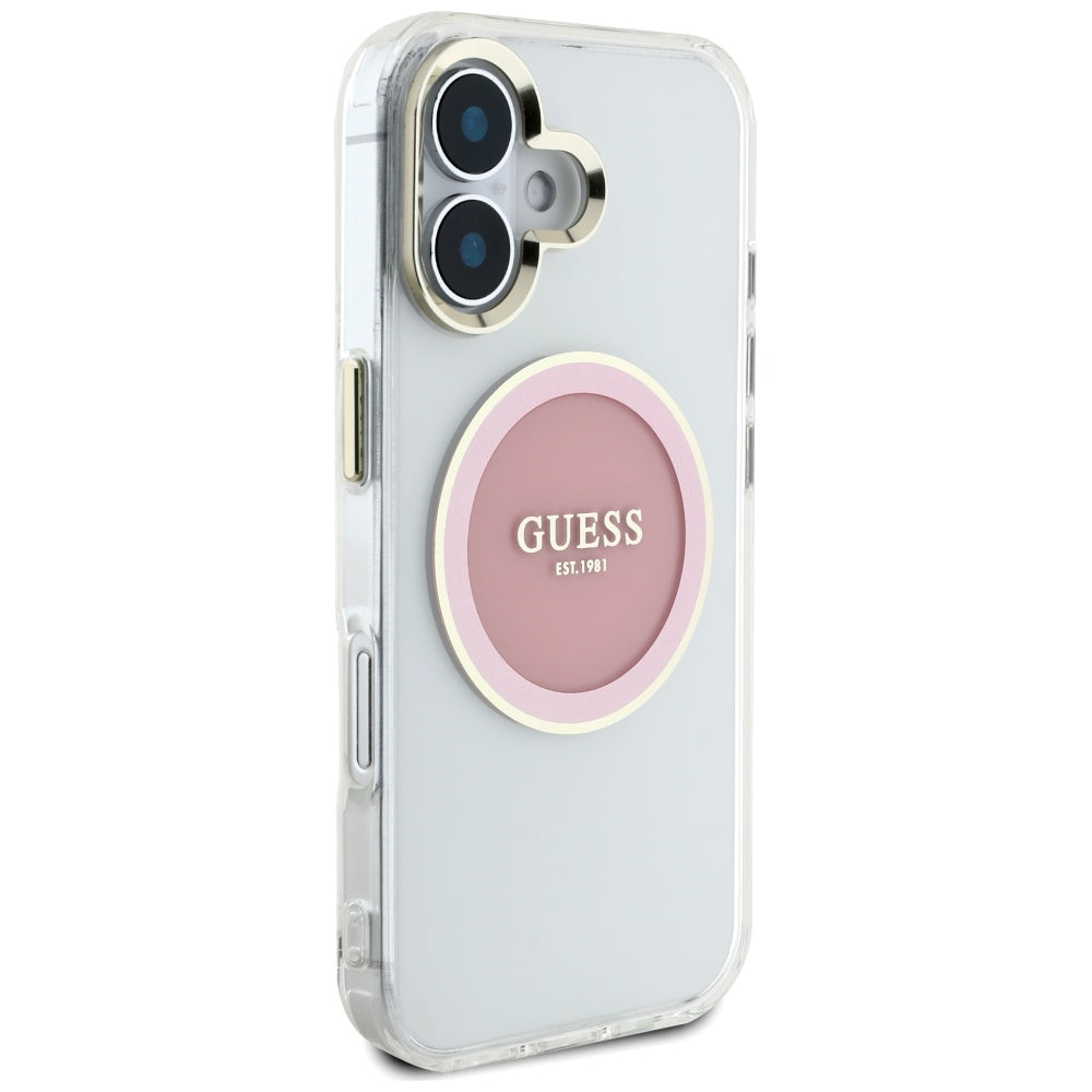 Husa de protectie Guess IML Metal Colored Circle MagSafe (GUHMP16SHTDRCEDP) compatibil cu iPhone 16, Roz