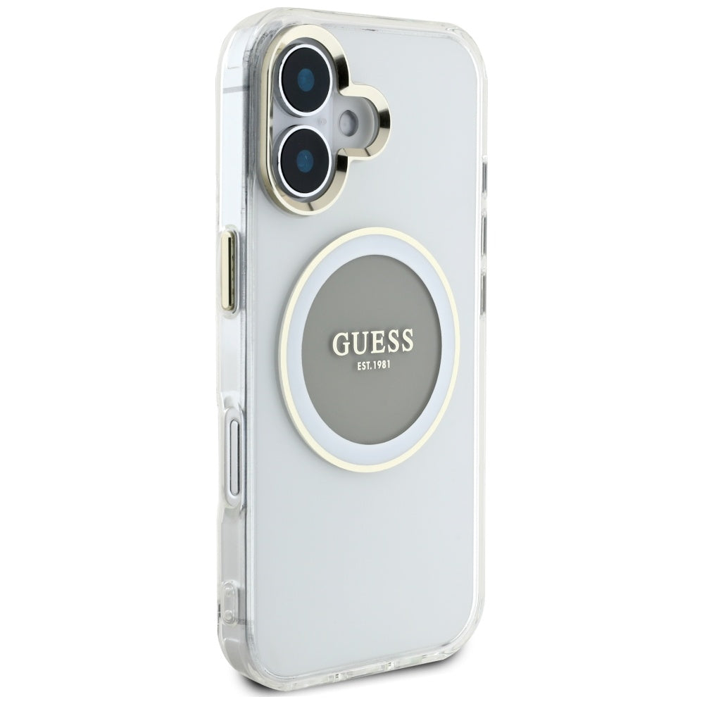 Husa de protectie Guess IML Metal Colored Circle MagSafe (GUHMP16SHTDRCEDG) compatibil cu iPhone 16, Gri