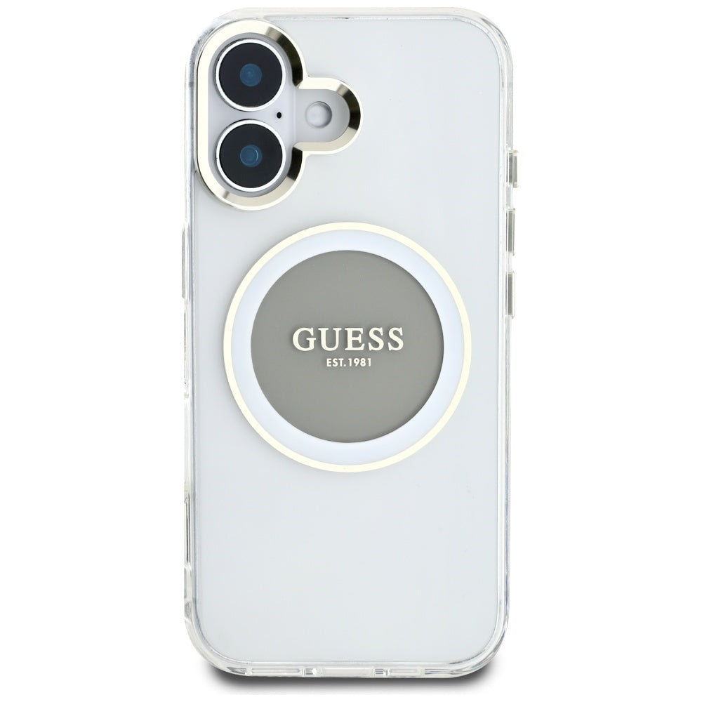 Husa de protectie Guess IML Metal Colored Circle MagSafe (GUHMP16SHTDRCEDG) compatibil cu iPhone 16, Gri
