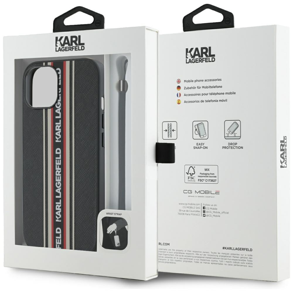 Husa de protectie Karl Lagerfeld Saffiano Athleisure Stripes Cord (KLHCP15SPAMSCNSR) compatibil cu iPhone 15, Rosu