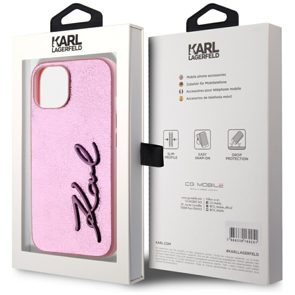 Husa de protectie Karl Lagerfeld Hardcase Leather (KLHCP15SPFMFBKMP) compatibil cu iPhone 15, Roz Metal Signature