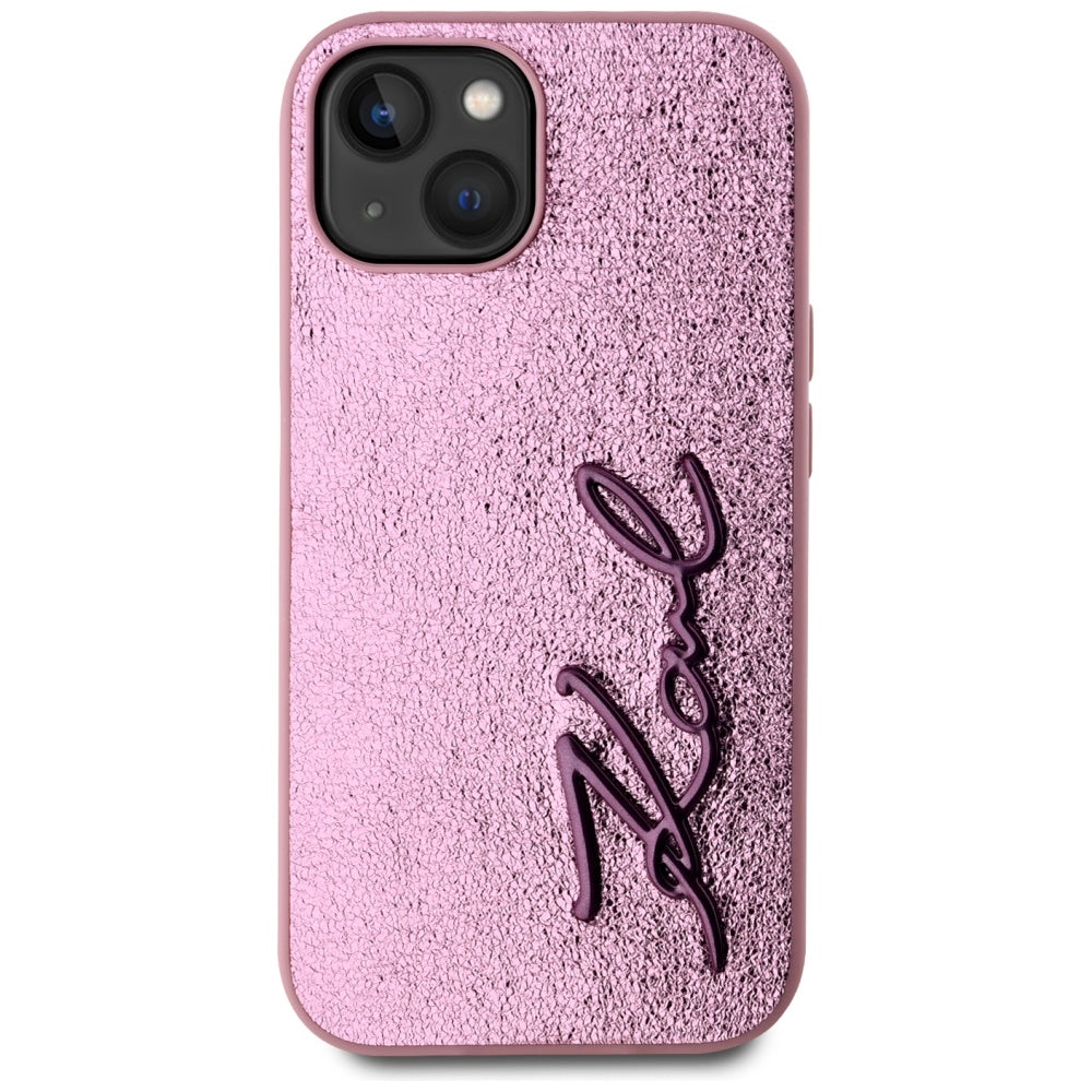 Husa de protectie Karl Lagerfeld Hardcase Leather (KLHCP15SPFMFBKMP) compatibil cu iPhone 15, Roz Metal Signature