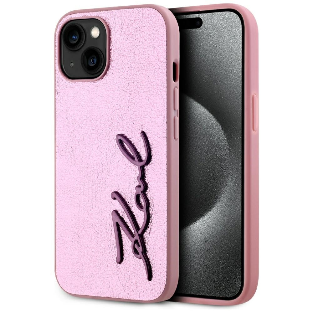 Husa de protectie Karl Lagerfeld Hardcase Leather (KLHCP15SPFMFBKMP) compatibil cu iPhone 15, Roz Metal Signature