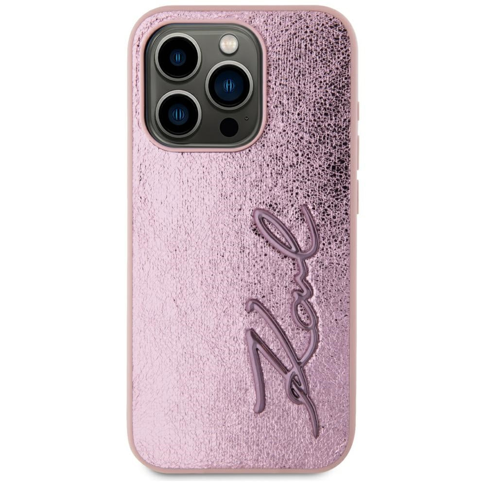 Husa de protectie Karl Lagerfeld Hardcase Leather (KLHCP15LPFMFBKMP) compatibil cu iPhone 15 Pro, Roz Metal Signature