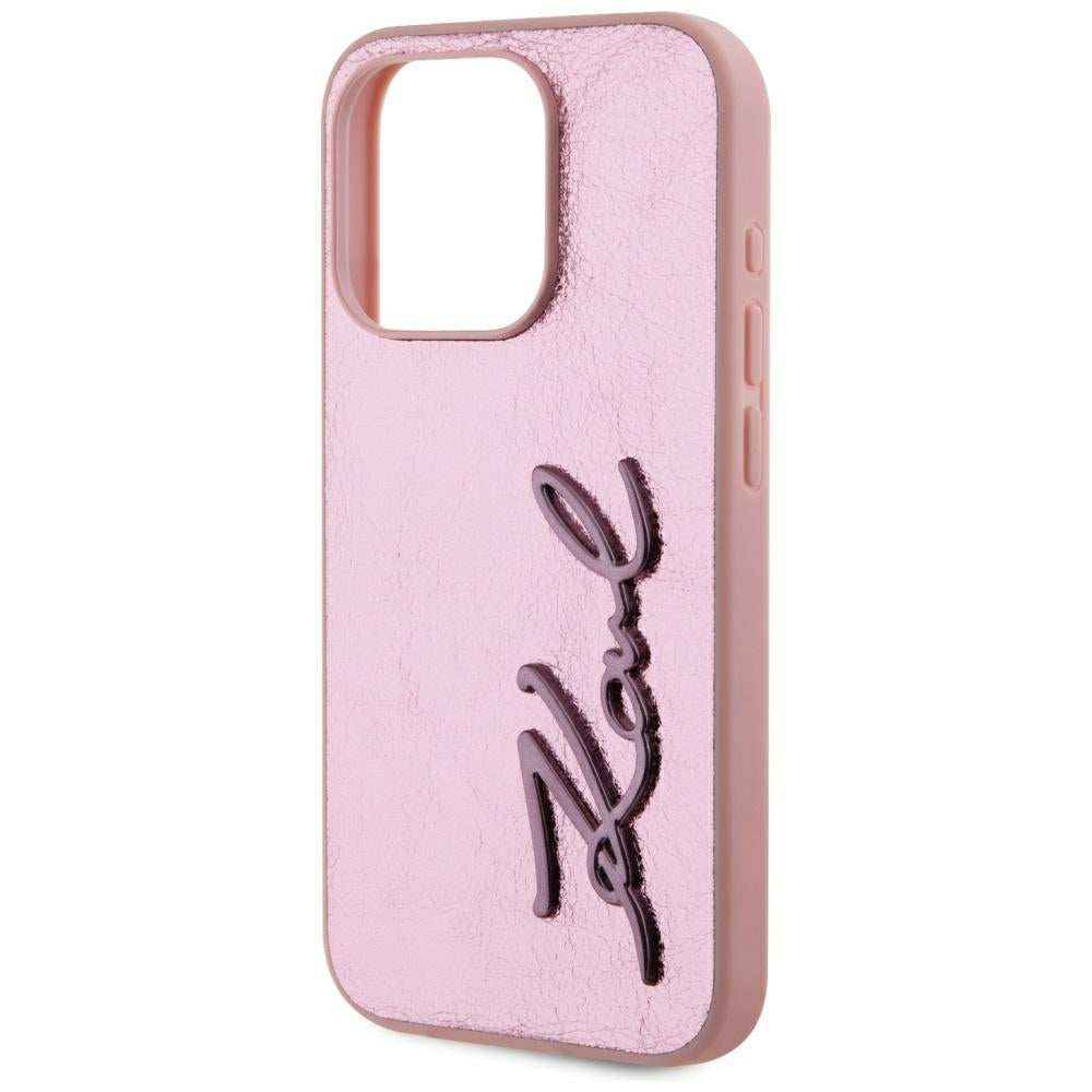 Husa de protectie Karl Lagerfeld Hardcase Leather (KLHCP15LPFMFBKMP) compatibil cu iPhone 15 Pro, Roz Metal Signature