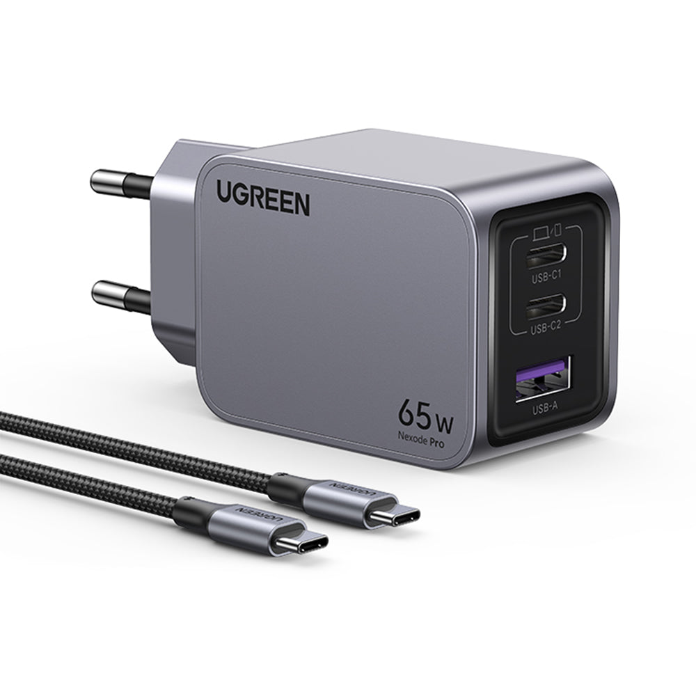 Incarcator Ugreen Nexode Pro X755 (25871), GaN, Fast Charging, USB, 2x Type-C, 65W, 3A, PD3.0, QC4.0, with Cable, Gri