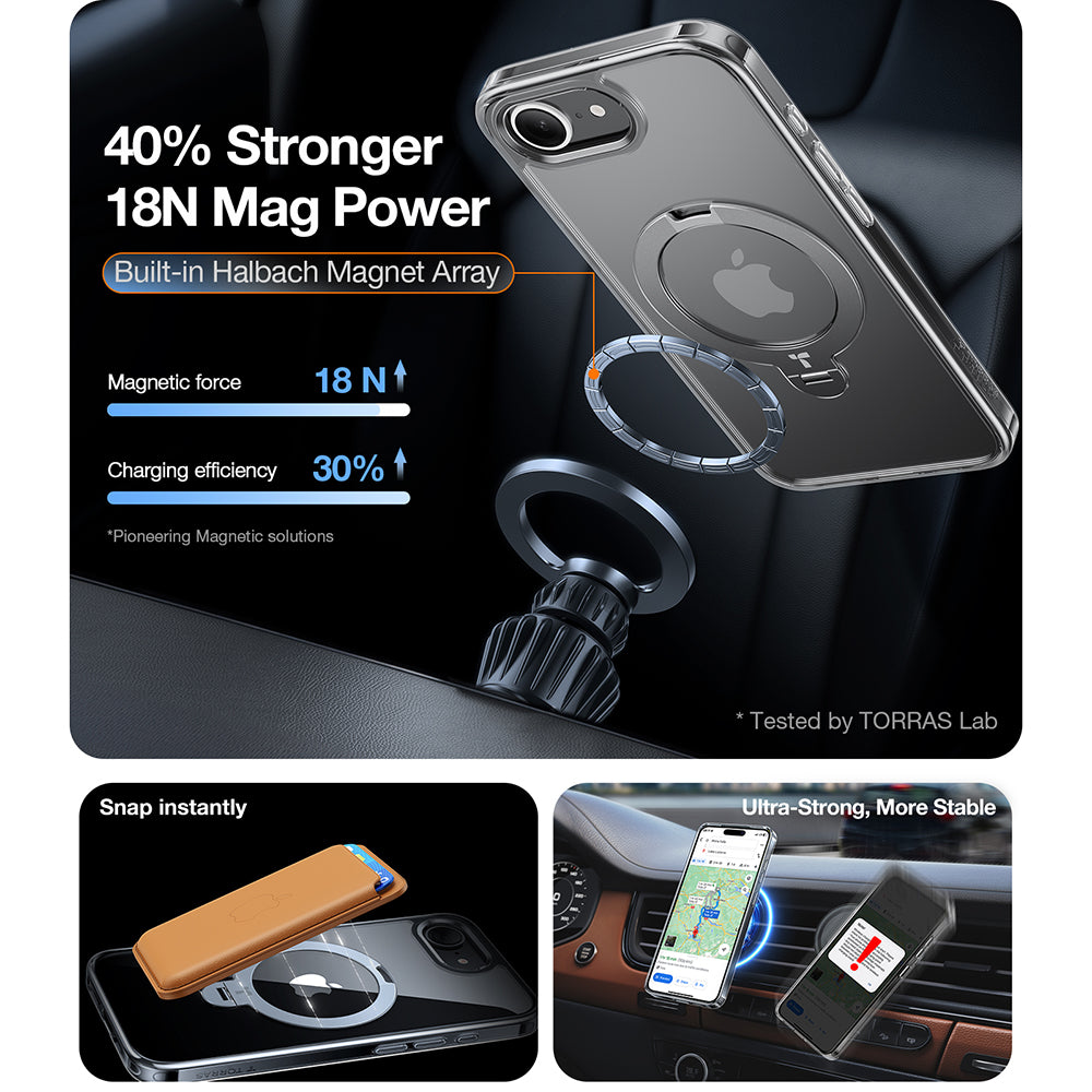 Husa de protectie Torras Ostand Spin MagSafe Series compatibil cu iPhone 16e / iPhone 17e, Transparent