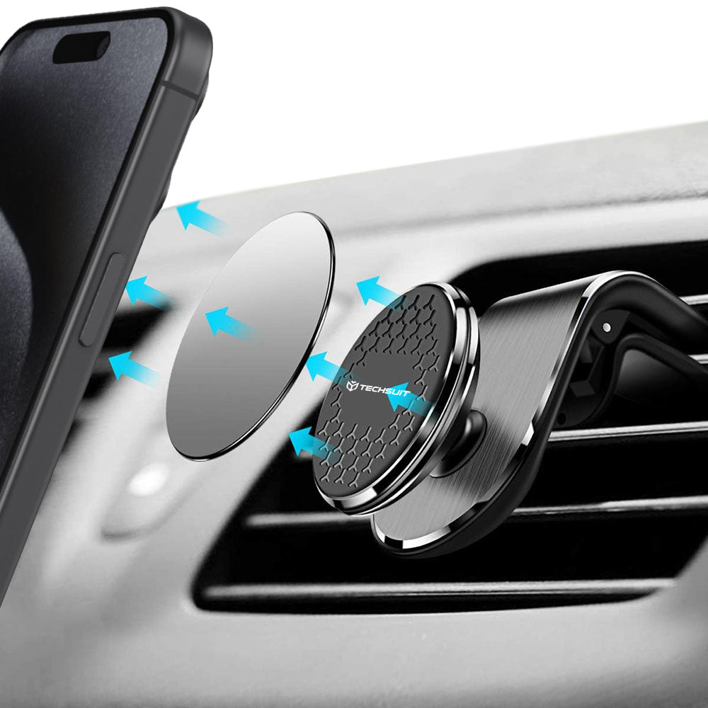 Suport Techsuit AirGrip (S8), Waterfall-Shaped, Magnetic N52 Secure Grip, for Air Vent, Clamp Grip, Negru / Silver