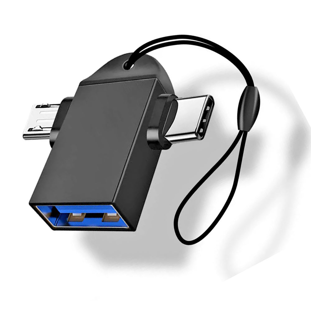 Adaptor Techsuit OTG Adapter TwoVoltX (A16), 3in1, USB to Micro-USB + Type-C, Plug and Play, Aluminum Alloy, Negru