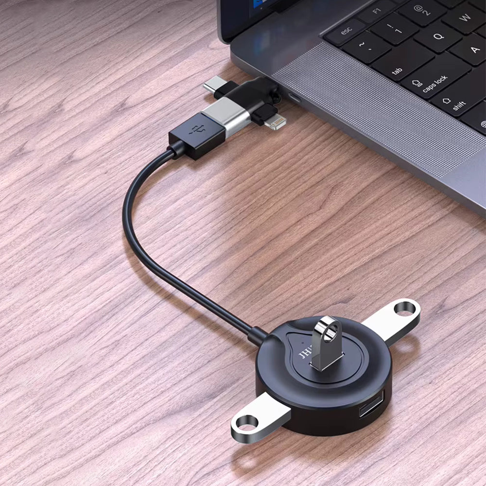 Adaptor Techsuit Premium OTG Adapter SoundVoltX (A17), 4in1, USB to Micro-USB + Type-C + Lightning, Plug and Play, Negru