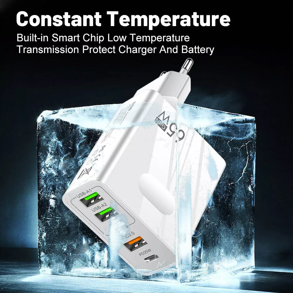 Incarcator Techsuit Premium PentaXPower (CHC1), 3x USB, 2x Type-C PD 25W, 65W, GaN, Fast Charge, Negru