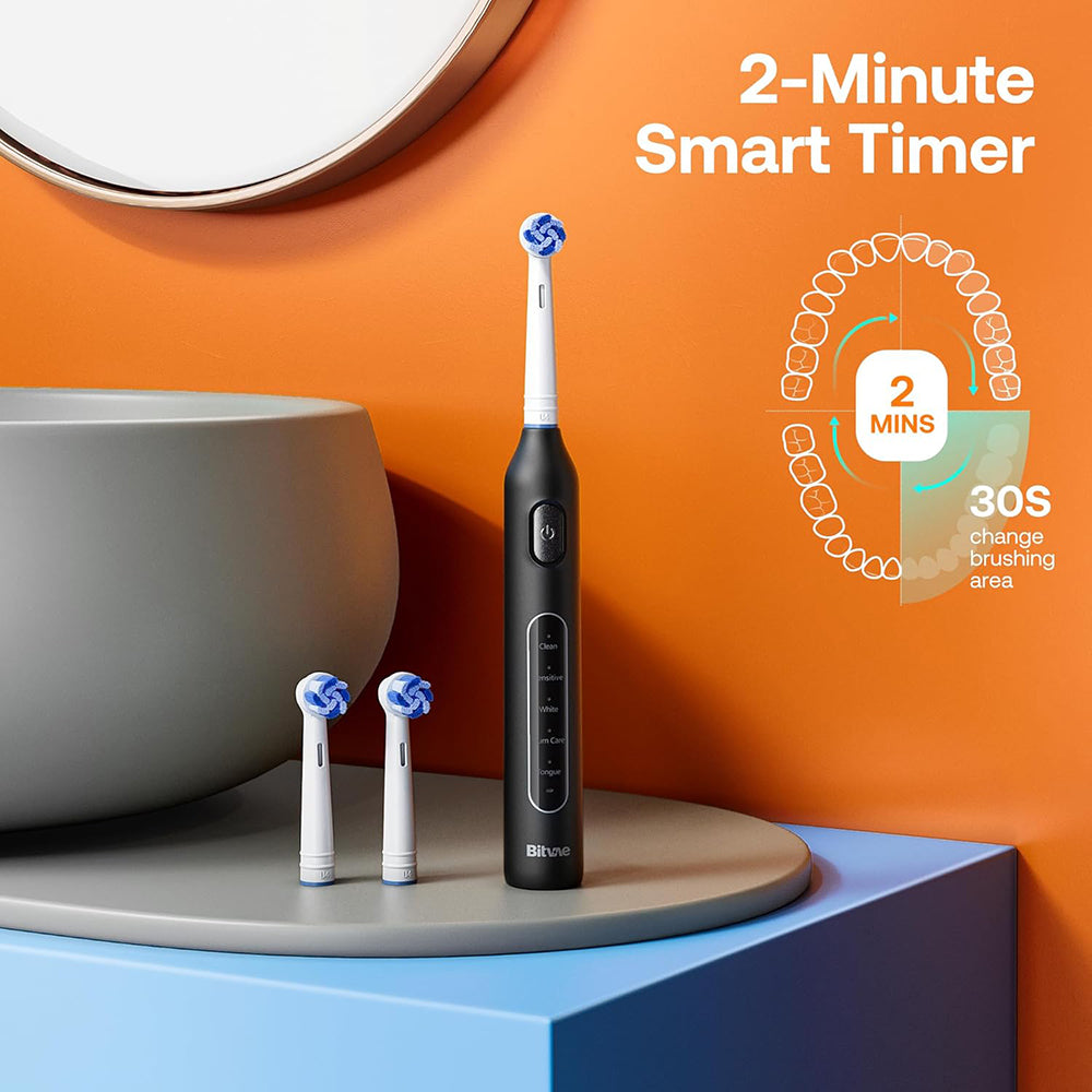 Bitvae Electric Toothbrush (BVR1), Soft, with 8 Heads, Smart Timer, Clean/Sensitive/White/Gum Care/Tongue Modes, Negru