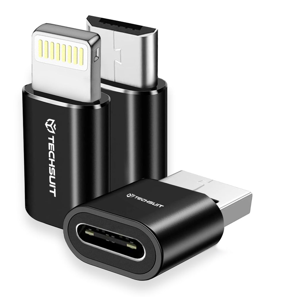 Adaptor Techsuit (set de 3) Premium OTG Adapter TriFlashX (A19), 1xUSB-C to USB, 1x USB-C to Micro-USB, 1xUSB-C to Lightning, Negru