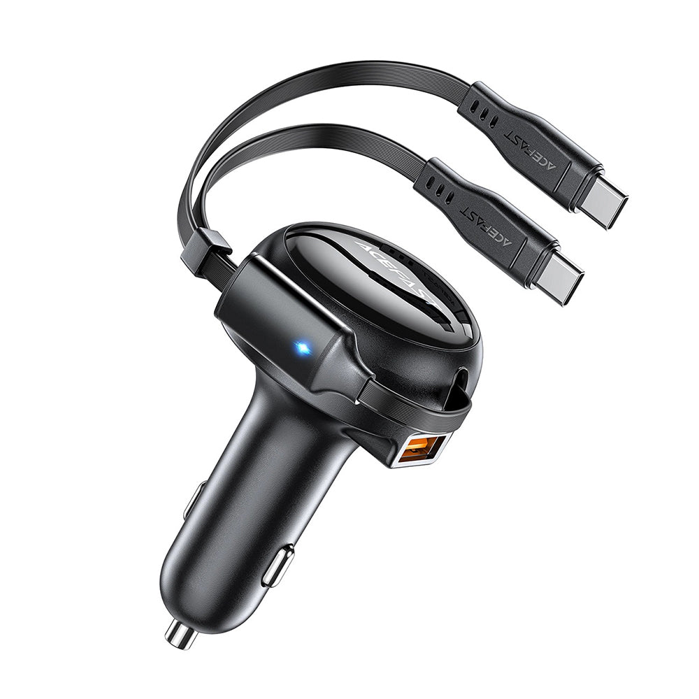 Incarcator Acefast Car (B13), with Retractable Cable, USB, 2x Type-C, 53W, 70 + 15cm, Negru