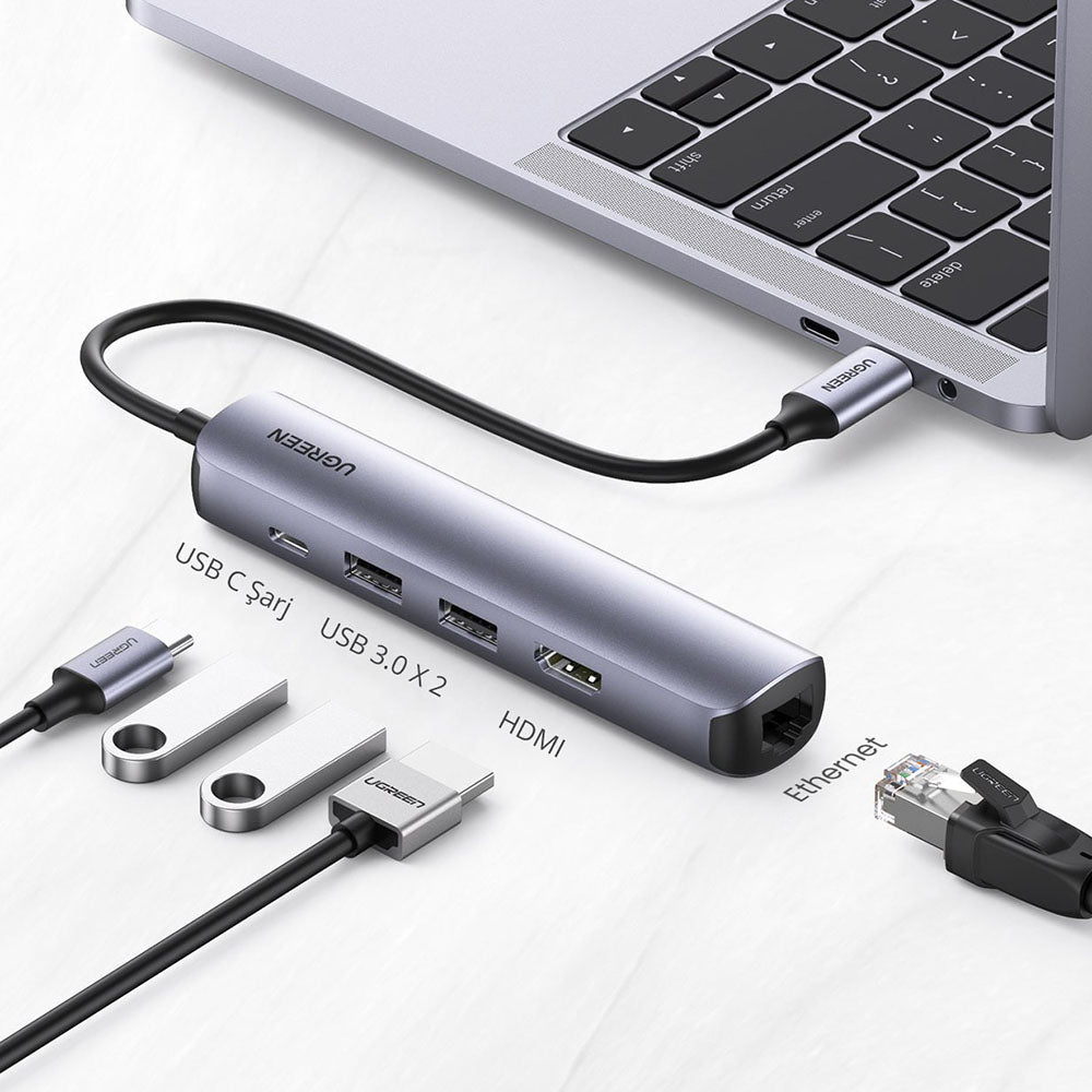 Hub/Dock Ugreen Docking Station CM418 (10919), Type-C to 2x USB3.0, HDMI 4K@60Hz, RJ45 Gigabit, Type-C PD100W, 5Gbps, Gri