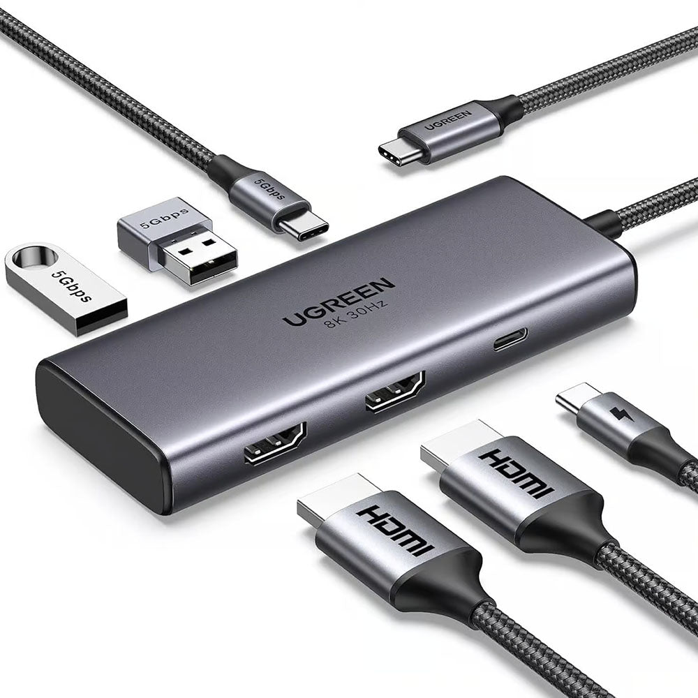 Hub Ugreen CM498 (15852), 2x USB3.0 / 2x Type-C / 2x HDMI, 5Gbps PD100W, Gri