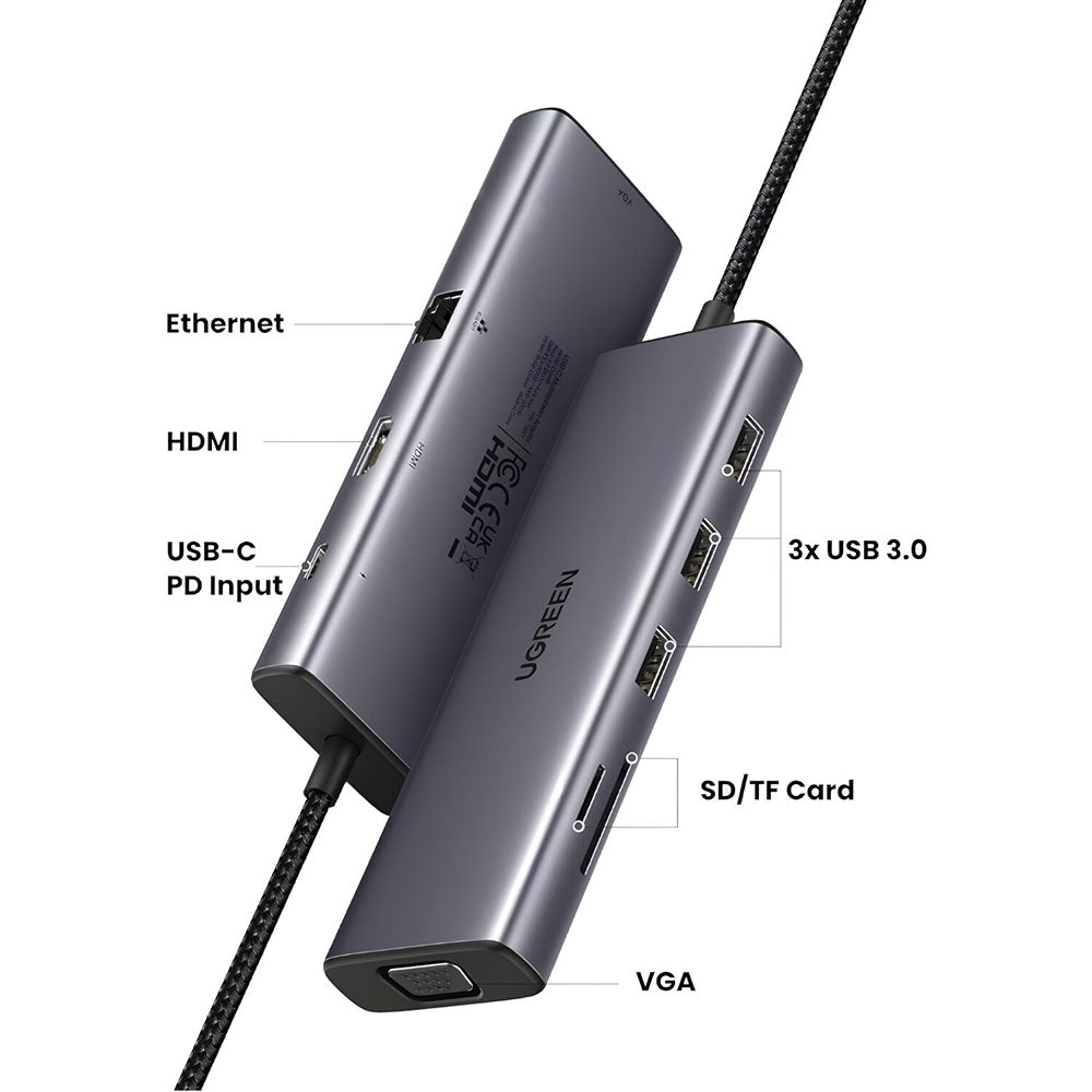 Hub/Dock Ugreen Docking Station CM498 (15600), Type-C to 3x USB3.0, HDMI 4K@30Hz, VGA, RJ45, SD/TF Card, Type-C PD100W, Gri