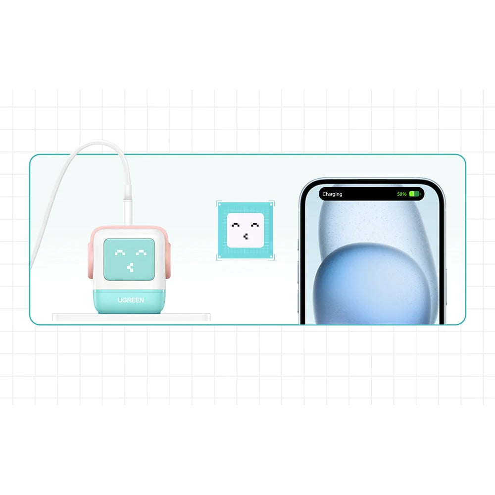 Incarcator Ugreen Uno RG CD361 (35855), with LED Display, GaN, Fast Charging, USB, 2x USB-C, QC4.0+, 65W, 3A, Roz /Blue