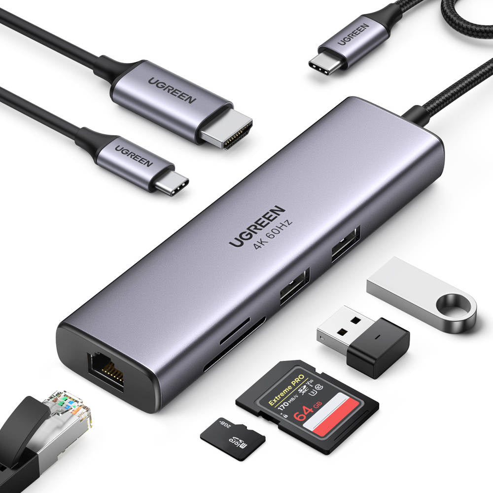 Hub/Dock Ugreen Docking Station CM512 (60515), Type-C to 2x USB, HDMI 4K, Type-C 100W, Ethernet 1Gbps, Card Reader SD, 0.2m, Gri