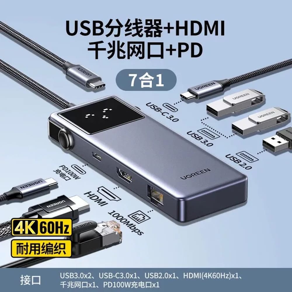 Hub/Dock Ugreen Docking Station CM888 (45155), Type-C to 2x USB3.0, 1x USB2.0, 2x Type-C, 1x HDMI 4K, 1x RJ45 1000Mbps, PD100W, Gri