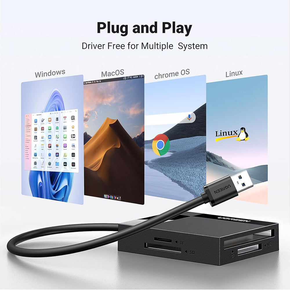 Ugreen Card Reader 4in1 CR125 (30333), USB3.0 to 1x SD Slot, 1x TF Slot, 1x CF Slot, 1x MS Slot, 170MB/s, Negru
