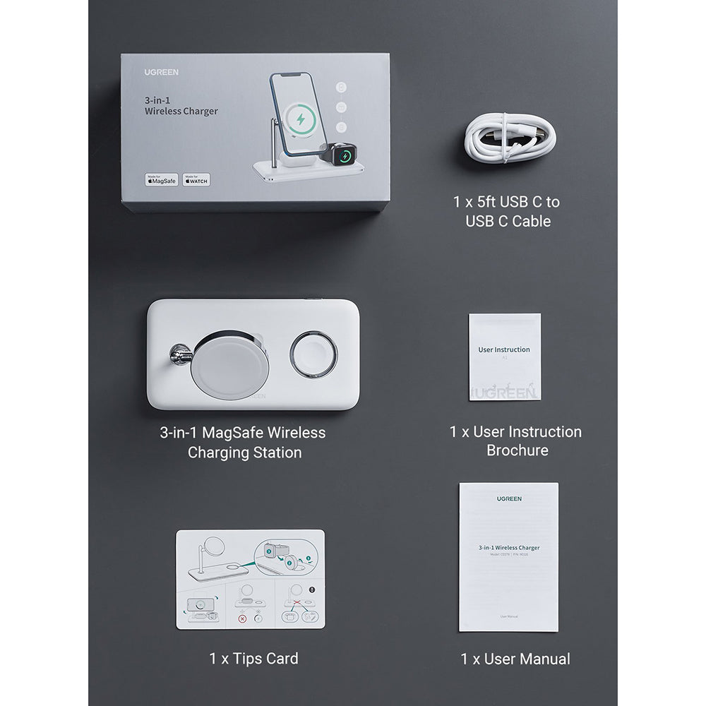 Incarcator Ugreen Wireless Charging Station CD278 (90326), for iPhone, Apple Watch, AirPods, Qi2, 25W, MFi Certified, Alb