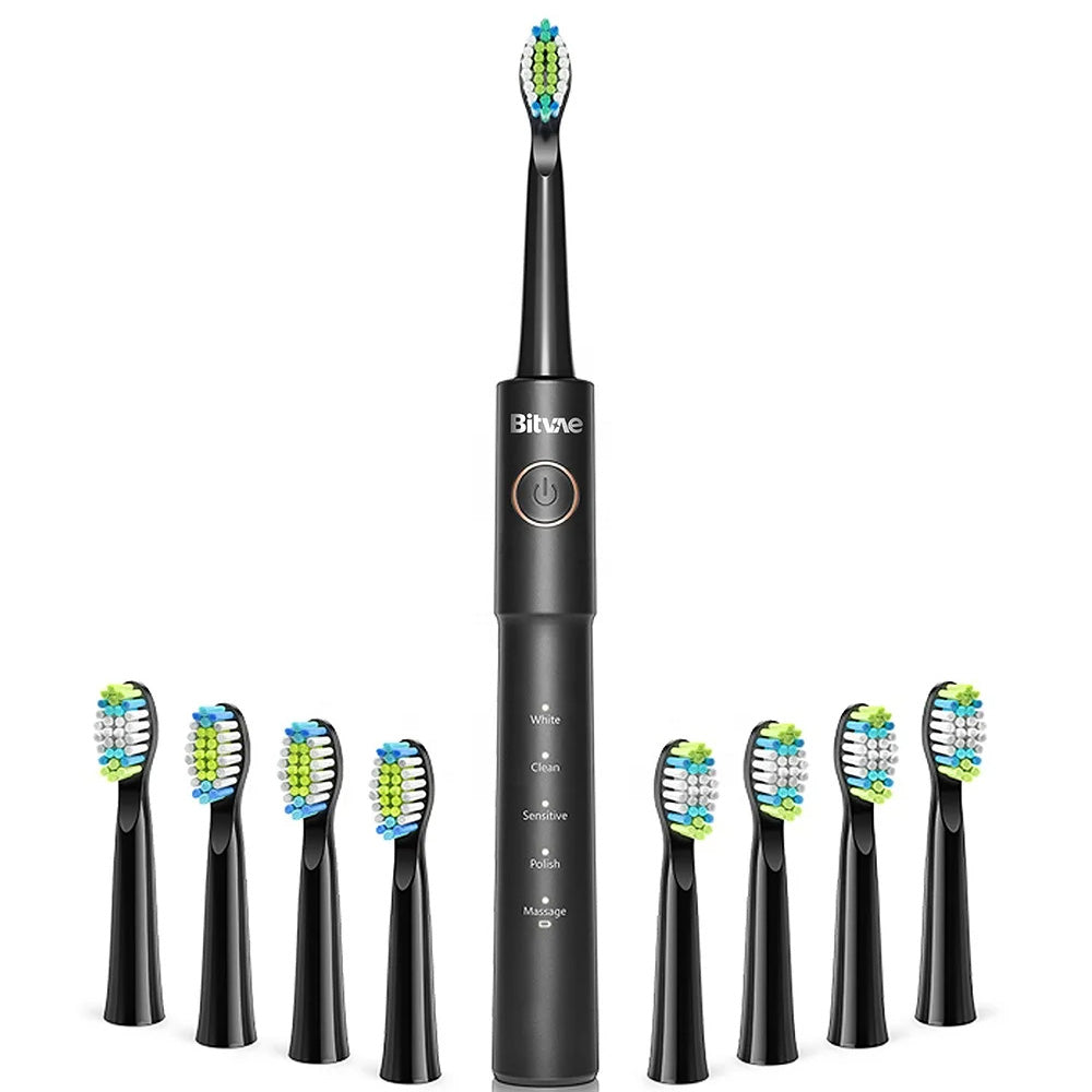 Bitvae Electric Toothbrush (E11), Ultrasonic, 8 Heads, Travel Case, White/Clean/Sensitive/Polish/Massage Modes, Negru