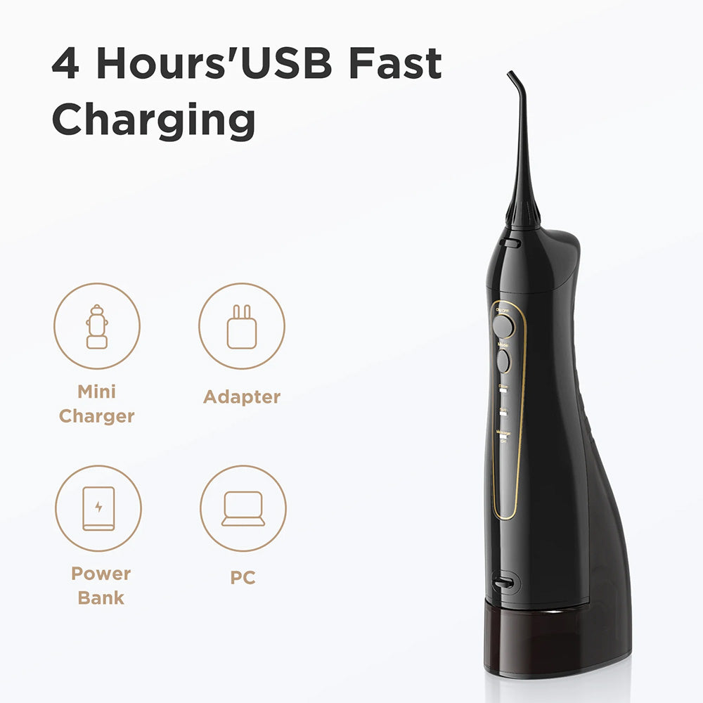 Bitvae Water Flosser (BV5020E), with 4x Standard, 1x Periodontal, 1x Orthodontic, 1x Tongue Nozzel, 300ml, 3 Modes, Negru